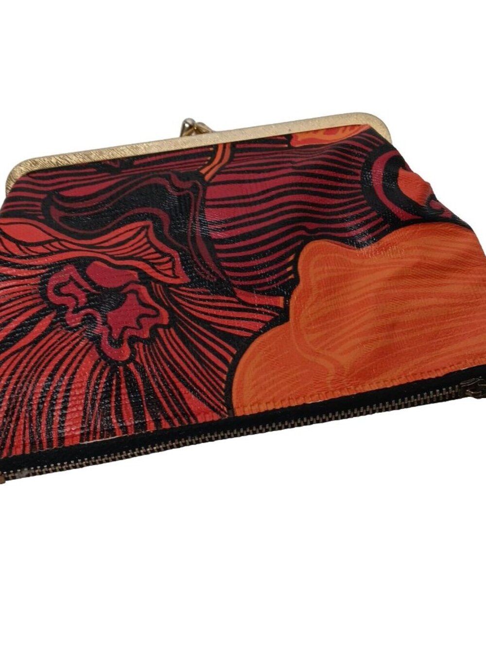 Vintage 1970s Change Purse Kiss Lock Zip Up Flower Power Orange Red Vinyl - Picture 2 of 9